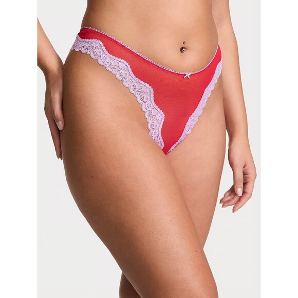 VICTORIA'S SECRET Tease Mesh Red Lavender Lace Trim High Leg Thong  Size M NEW N - Picture 3 of 3